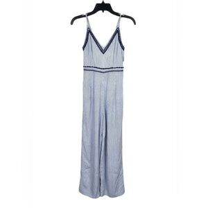Japna Jumpsuit Size L Blue White Embroidered Striped Lined Sleeveless Wide Leg